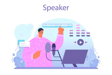 Speaker concept set. Voice actor dubbing a movie, audio book