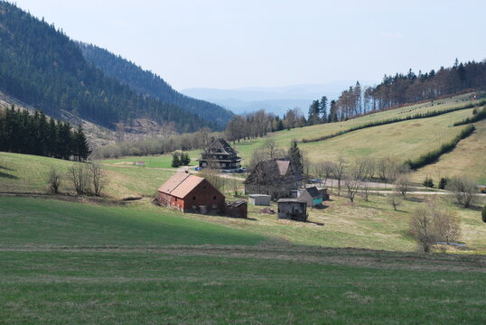 mountain views, the Suche Mountains, Poland, you can see the buildings