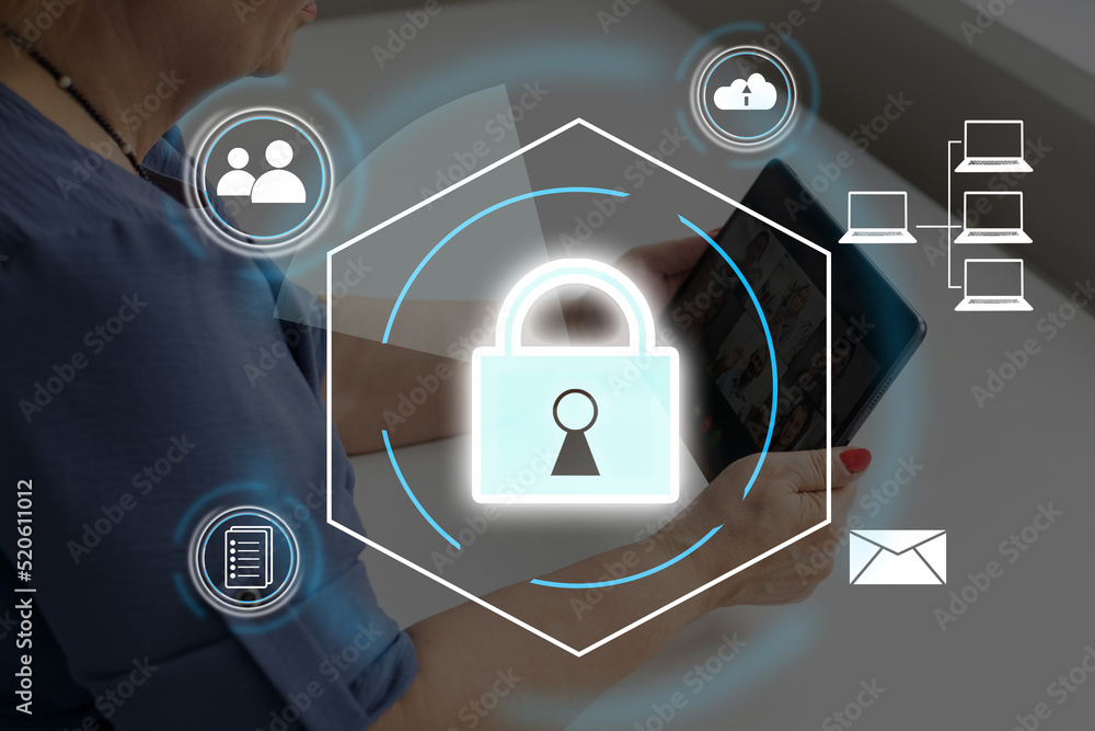 Poster digital padlock icon, cyber security network and data protection technology on virtual interface scr