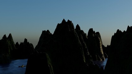 sunset over the mountains, Realistic mountains landscape. Evening panorama, sea and mountains silhouettes. 3D rendering