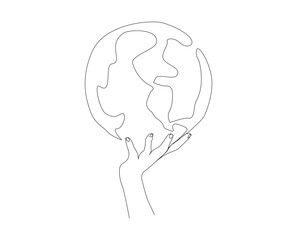 Continuous line drawing of Hand Holding Earth Globe. Single one line drawing of hand hold globe.
