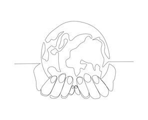 Continuous line drawing of Hands Holding Earth Globe. Single one line drawing of hands hold globe.