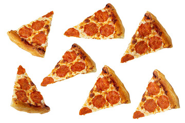 Pieces of pizza isolated on white background. Pizza with sausage. Fast food