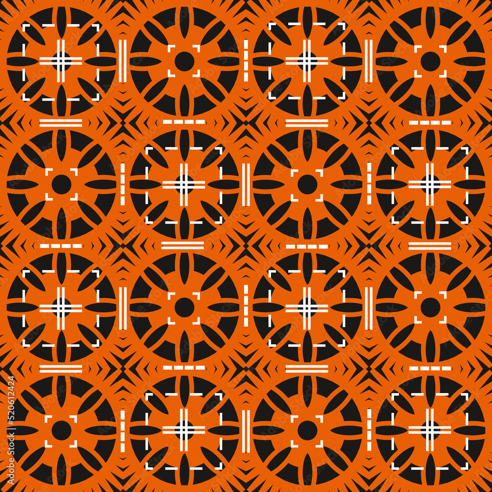 Poster seamless pattern with abstract ornament. black-and-orange background with white geometric elements. 