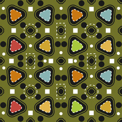 Seamless pattern with multi-colored geometric elements on the khaki ornamented field. Black background. Vector illustration