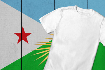 Patriotic t-shirt mock up on background in colors of national flag. Djibouti