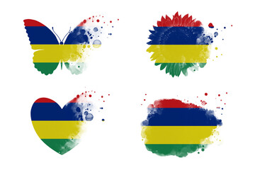 Sublimation backgrounds different forms on white background. Artistic shapes set in colors of national flag. Mauritius