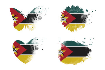 Sublimation backgrounds different forms on white background. Artistic shapes set in colors of national flag. Mozambique