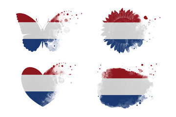 Sublimation backgrounds different forms on white background. Artistic shapes set in colors of national flag. Netherlands