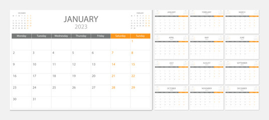 Calendar 2023 week start Monday corporate design planner template.