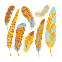 A set of colorful feathers for creating designs. Brush and paint texture. Blue, pink. Vector illustration