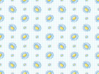 Flower cartoon character seamless pattern on blue background. Pixel style