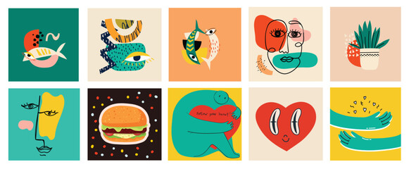 Fototapeta na wymiar Big Set of Different colored Vector illustartions for posters in Cartoon Flat design. Hand drawn Abstract shapes, faces, different texture funny Comic characters.