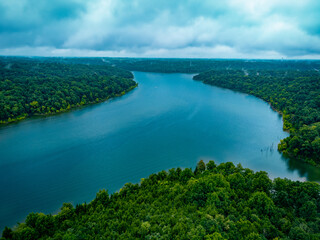 Aerial view of the Taylorsville lake shape in central kentucky with tree covered shoreline