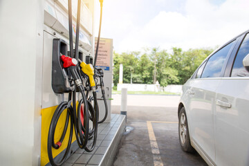 Pumping gasoline fuel in car at gas station.concept Travel,price oil,industrail business and...