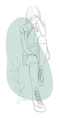 Vector illustration of a teenage girl crying. Schoolgirl in student uniform: shirt, bow tie, dress, stockings, sneakers. The background contains abstract elements and floral ornaments