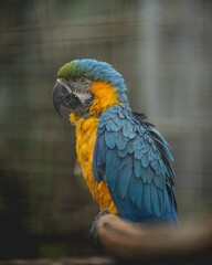 Vertical shot of an alluring ara parrot with a blurry background-good for printing in animal books