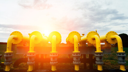 Gas transportation industry. Yellow gas pipeline power technology. Fuel pipe energy equipment. Gas...