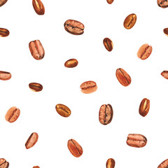Watercolor hand painted coffee tree beans. Coffee plant. Ripening of coffee berries. Watercolor hand drawn seamless pattern, wallpaper, wrapping paper