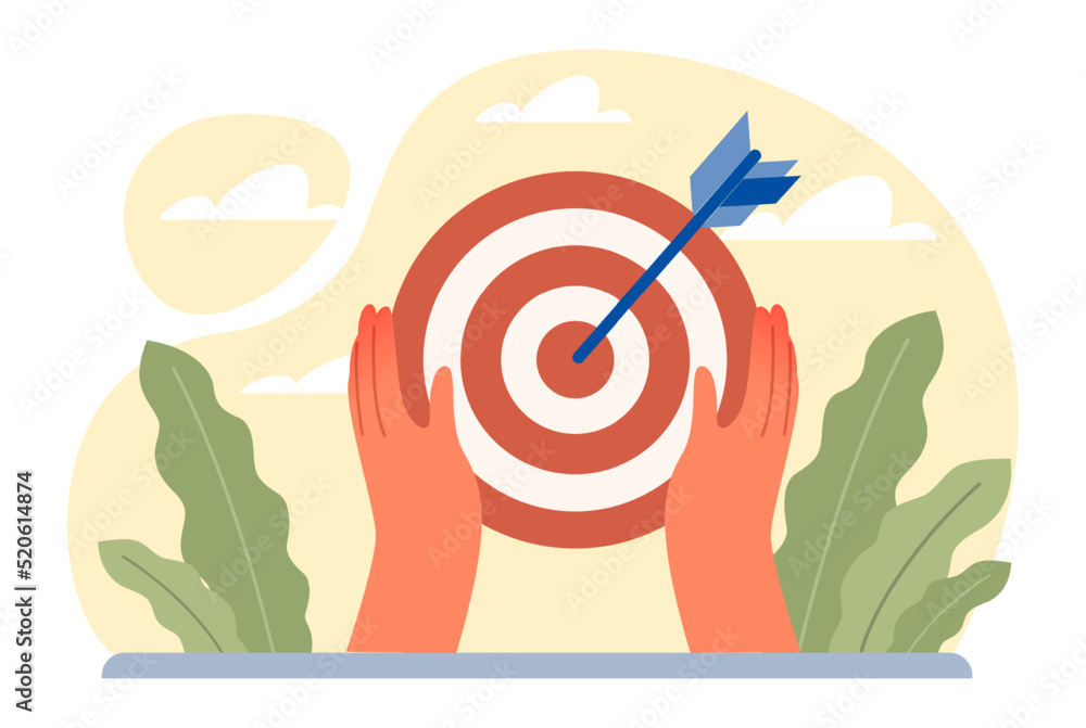 Poster target concept set. ambitious characters aiming in target and shooting
