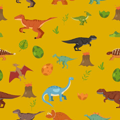 pattern with dinosaurs and tropical leaves, textile, nursery wallpaper. Cute dino design. Vector illustration