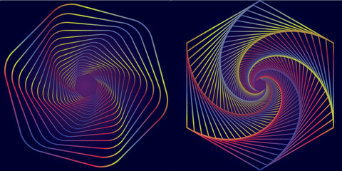 Abstract picture of geometric shapes that spin in a spiral circle from small to large. on a purple background