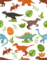 pattern with dinosaurs and tropical leaves, textile, nursery wallpaper. Cute dino design. Vector illustration.
