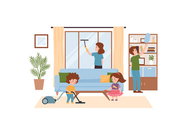 Obraz na płótnie Canvas Family clean living room together, kids help parents with cleaning - flat vector illustration.