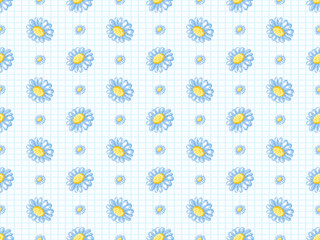 Flower cartoon character seamless pattern on blue background. Pixel style