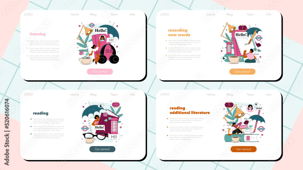 Poster english class web banner or landing page set. study foreign languages
