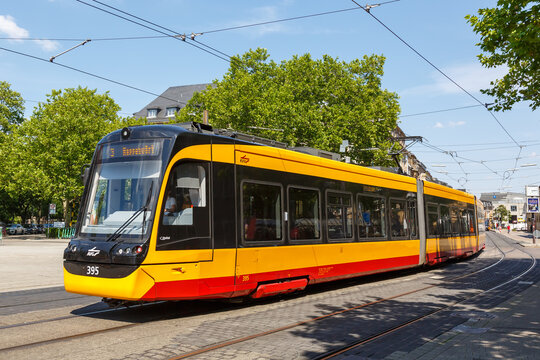 Light rail of AVG tram type Stadler CityLink public transport transit at stop main station in Karlsruhe, Germany