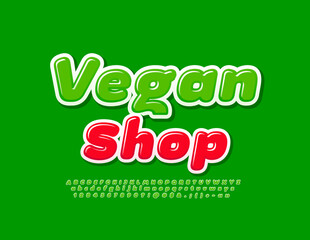 Vector colorful Signboard Vegan Shop. Bright Green Font. Creative glossy Alphabet Letters, Numbers and Symbols set