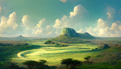 African savannah landscape, wild nature of Africa. Realistic landscape. The nature of Africa. Reserves and national parks. 3D artwork