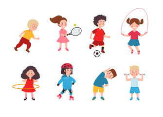 Kids doing sport set of cartoon flat vector illustrations isolated on white.