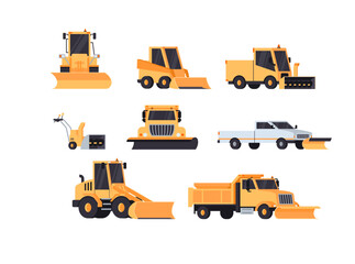 Snow plow trucks to clean roads in winter, flat vector illustration isolated on white background.