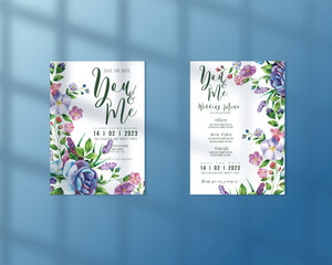 Watercolor bunch of flowers wedding invitation card and menu template