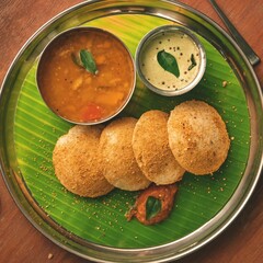 Top view of kachoris stuffed with moong dal served with aloo rasedar and sauce on a tray