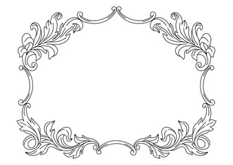 Decorative floral frame in baroque style. Engraved black curling plant.