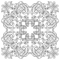 Decorative floral ceramic tile in baroque style. Engraved black curling plant.