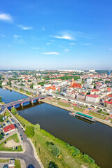 Aerial view of Gorzów Wielkopolski portrait format town city at river Warta in Poland
