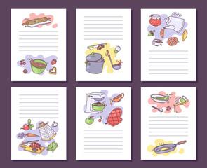 Recipe book sheets template with space for text and doodle kitchen utensil, vector illustration.