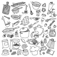 Kitchen food cooking utensils and tools set doodle vector illustration isolated. © sabelskaya