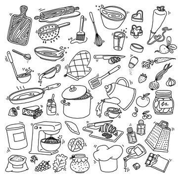 Kitchen food cooking utensils and tools set doodle vector illustration isolated.