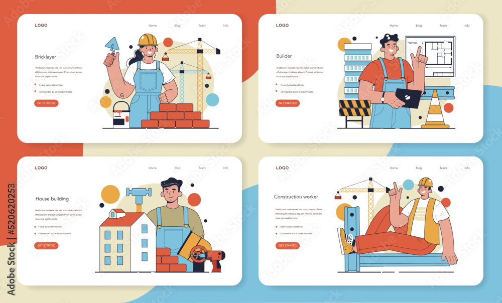 Poster builder web banner or landing page set. workers constructing