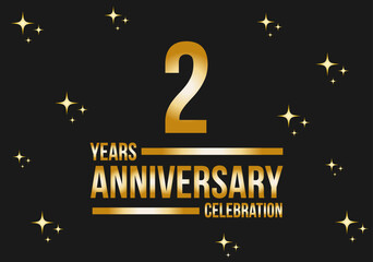 2 years anniversary celebration logo. Gold vector on black background with glitter.