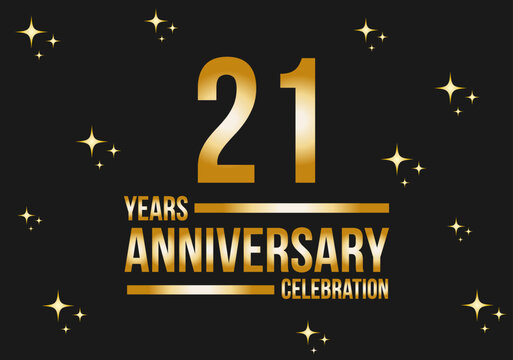 21 years anniversary celebration logo. Gold vector on black background with glitter.