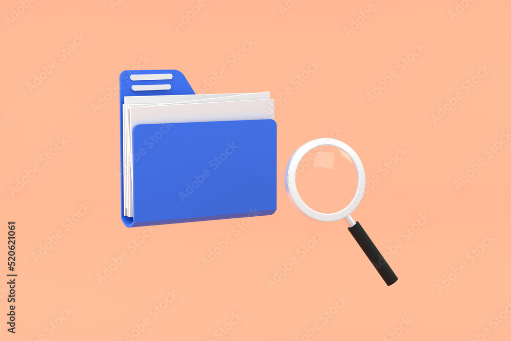 Poster folder icon and magnifying glass. open folder icon. folder with documents