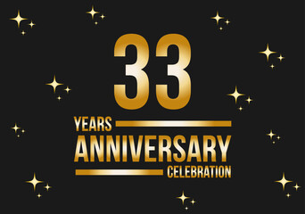 33 years anniversary celebration logo. Gold vector on black background with glitter.