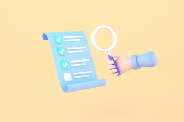 Hand holding checklist paper and hand holding magnifying glass. paper with check marks, tick icons.