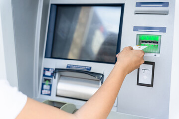 Atm machine money cash. Holding american bill cash. Woman withdraw money usd hundred dollar. Us...